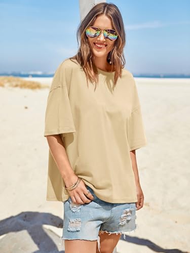 Image of Tankaneo Womens Oversized Tshirts Summer Casual Short Sleeve Crew Neck T Shirt Loose Fit Side Slit Tee Tops