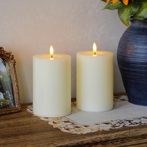 Image of Flameless Flickering 4 inch x6 inch Real Wax Ivory Remote Candles with Candle Grease, Pack of 2 Timer LED Battery Operated Fake Warm Light Pillar Candles for Home, Banquet, Ceremony Decoration