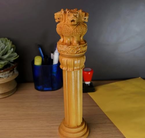 Image of Ashok Stambh Hand-Carved Wooden Sculpture - 8 Inches | Wooden Ashoka Stambh Desk Ashoka Pillar Ideal for Table Office & Home Decor Showpiece Best for Gifting Purpose - 8 Inches