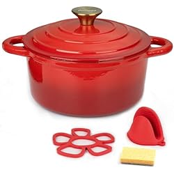 Cazuela Roja Parmedu Cazuela de Hierro Fundido Esmaltado 5L: Olla Holandesa Resistente con Tapa y Asas Rojo, Accesorios de Silicona y Esponja, Ideal para Guisar, Cocinar al Vapor, Asar y Hornear