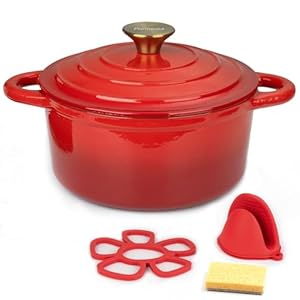 Enameled Cast Iron Pot: 5.5 Quart Heavy Duty Dutch Oven with Lid and Dual Handles – Silicone Accessories and Sponge Included, Ideal for Braising, Stewing, Roasting and Baking, Christmas Red