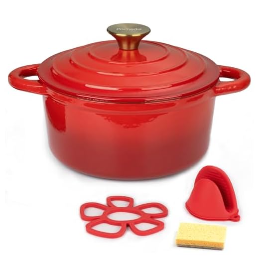 Parmedu Cazuela de Hierro Fundido Esmaltado 5L: Olla Holandesa Resistente con Tapa y Asas Rojo, Accesorios de Silicona y Esponja, Ideal para Guisar, Cocinar al Vapor, Asar y Hornear