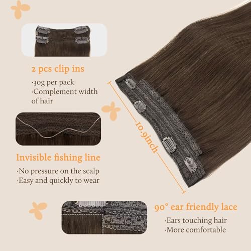 Image of DOORES Wire Hair Extensions, Chocolate Brown 16 Inch 95g Fish Line Weft Extensions and 2pcs 30g Clip ins, 125g Invisible Wire Real Remy Human Weft Straight Transparent Seamless Hairpiece