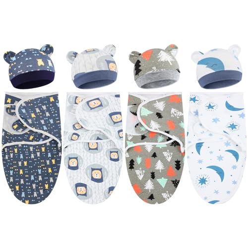 Image of Buryeah 4 Pack Preemie Swaddle Blanket Wrap Set with Hat for Baby Boys Girls 3-7 Lbs Preemie Newborn Clothes Sleepers Cap