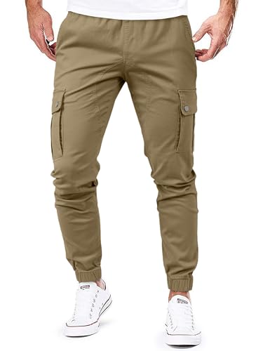 JMIERR Mens Casual Cargo Pants Cotton Tapered Stretch Twill Drawstring Athletic Joggers Sweatpants Trousers with Multiple Pockets, XL, Brown