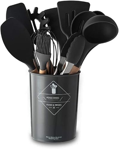 IUokLU Kitchen Cooking Utensil Set, Heat Resistant Wooden Handle Non Stick Pan Cooking Frying Spatula Scooping Spoon Baking Utensils High Temperature Resistant Household Silicone Kitchenware Set