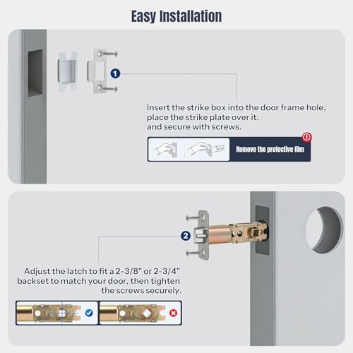 Adjustable Deadlatch 2-3/8'' or 2-3/4'', Keyed Entry Door Lock 45° Turning Angle Replacement Latch and Strike with Dust Box,Smart Door Lock Deadlatch by LOQRON - Image 3