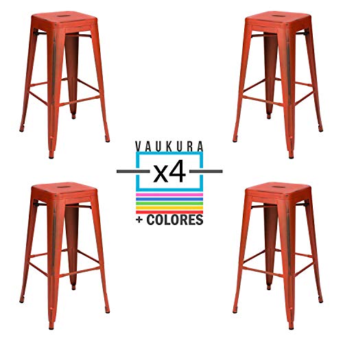 Vaukura Taburete Alto Tolix (Pack 4) - Taburete Industrial Metálico Vintage (Rojo)