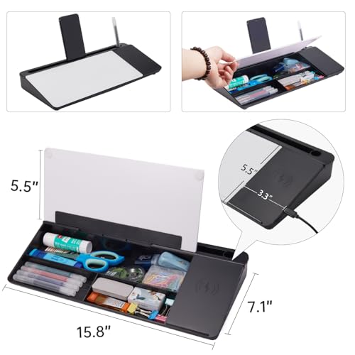 Image of Small Glass Desktop Whiteboard Dry-Erase-Board - Computer Keyboard Stand with Wireless Charger White Board Surface Pad with Drawer, Desk Organizers with Accessories for Office, Home, School Supplies