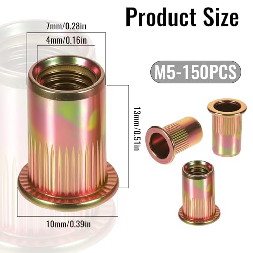 150 Stück Nietmuttern M5 Runde Flachkopf Gewinde Rivet Nutsert Cap Gewindenieten, Verzinkt Einschraubmutter Blindnietmuttern Hülsenmutter für Metallplatten Elektrogeräte