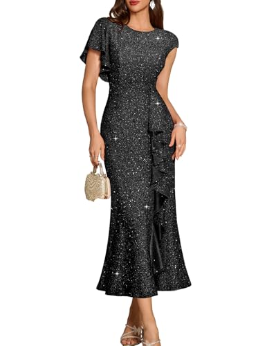 DRESSTELLS Formal Dresses for Women, Sequin Wedding Guest Cocktail Holiday Party Long Dress, Sparkly Mother of The Bride Evening Gala Bridesmaid Church Funeral Prom, 2025 Fall, Glitter Black L