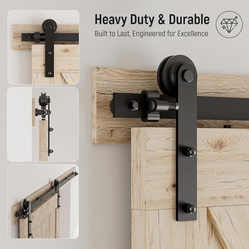 Image of CCJH 9FT Single Sliding Barn Door Hardware Kit Black Carbon Steel Hanger Flat Track System for Closet Kitchen 1 Door 54 inch Wide, Smoothly and Quietly I Shape Roller