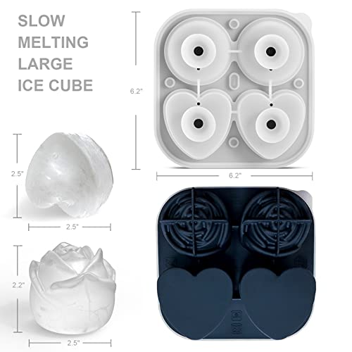 Nax Caki Ice Cube Mold Tray, 2.5" Large Silicone Rose & Heart Fun Shapes Whiskey Ice Mold For Cocktails,Bourbon,Brandy, Whiskey Gift For Men #TOP4