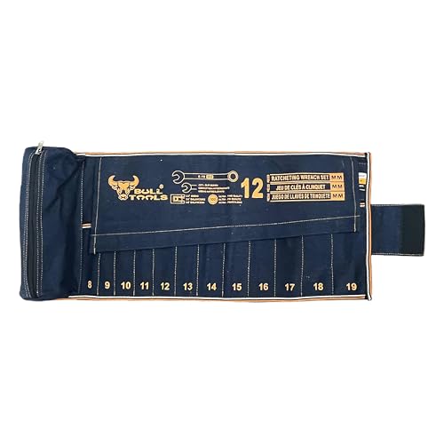 Image of BULL TOOLS Metric Ratcheting Wrench Set (8-19mm), 12-Pocket Roll, with Zip Pouch, Made from Durable Recycled Cotton Canvas for Mechanics, DIYers, and Home Use - Navy Blue