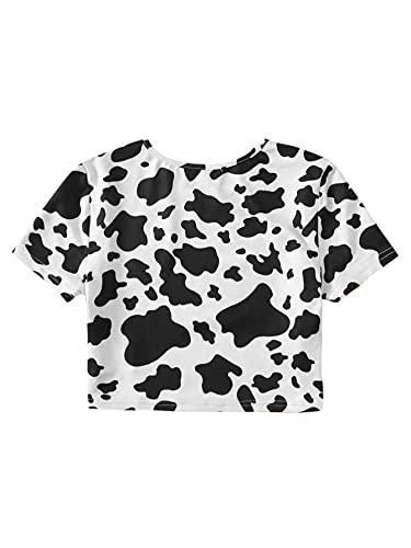 Floerns Girls Summer Print Short Sleeve Round Neck Crop Tops Tee Shirts Black White Cow 11-12Y #TOP1