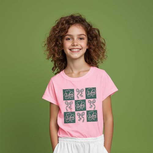 Image of GLIGLITTR Kids St Patricks Day Shirt Girls Bow Shamrock Clover Lucky Graphic T-Shirt Irish Short Sleeve Tee Tops 7-12 Years