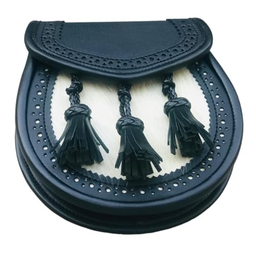 Scottish Black Leather & White Fur Kilt Sporran Traditional Highland Leather Sporran3