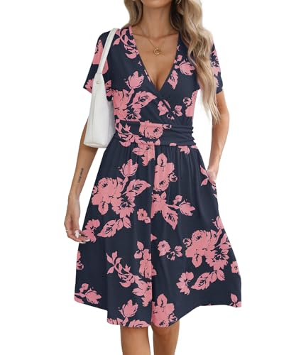 Image of KUOTAI Women's Summer Short Sleeve Casual Dresses Wrap V Neck Beach Outfits Party Flowy Dress with Pockets, Rose Silhouette, Small