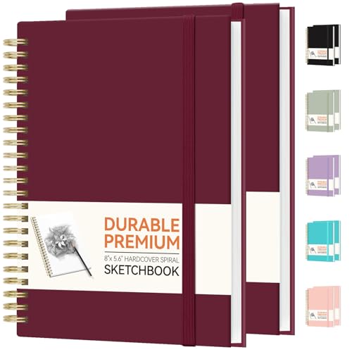 Forvencer 2 Pack Blank Spiral Notebook, 8"x 5.6"Hardcover Sketch Book, 100GSM Thick Paper, Art Sketchbook for Women & Adult, 100 pages / 50 Sheets pages Drawing Book Journal for School Office Drawing, Burgundy