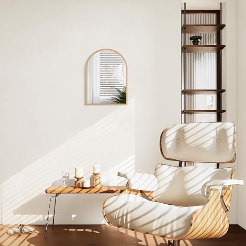 Image of Arched Bathroom Wall Mirror Aluminum Alloy Frame Hanging Vanity Mirror for Living Room Bedroom Entryway Vanity, Brushed Metal Framed Wall Mounted 16 inchx12 inch
