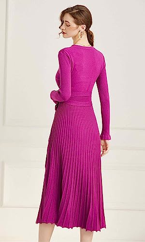 Image of Women's Long Sleeve Sweater Dress Ankle Length Fall Dress Vneck Knit Winter Dress