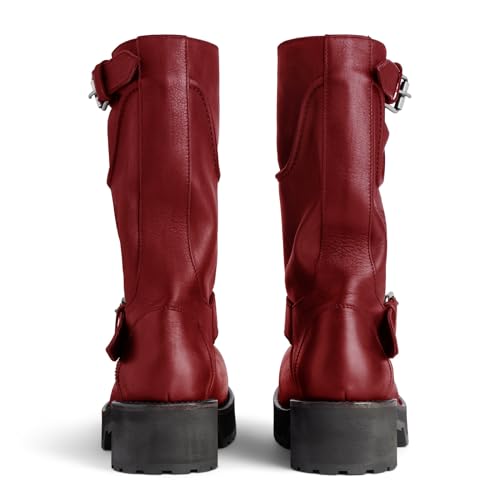 Motorcycle Riding Knee High Boots for Women Round Toe Buckle Strap Mid Calf Boots Chunky Heel Lug Sole Biker Motor Long Boots for Causal Vacation4