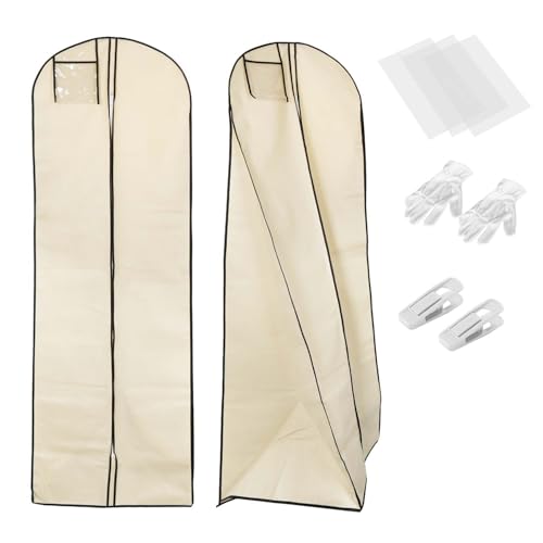Large Wedding Dress Garment Bag: Bridal Gown Storage Bin with 3 Acid Free Tissue Paper & 10 Clicks- Beige Preservation Box Underbed Storage Container