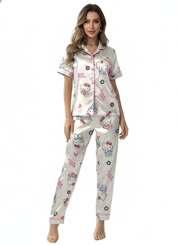 Image of Night Suit for Women with Full Sleeve Button-Down Top with Pant Dress for Woman,Night Dress for Woman, Two-Piece Loungewear Set