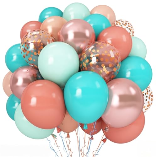 Image of Hawaiian Balloons Set, Pack of 60 12 Inch Orange Teal Blue Light Green Chrome Rose Gold Confetti Latex Balloons for Tropical Luau Beach Aloha Tiki Magic Baby Shower Birthday Party Decorations Supplies