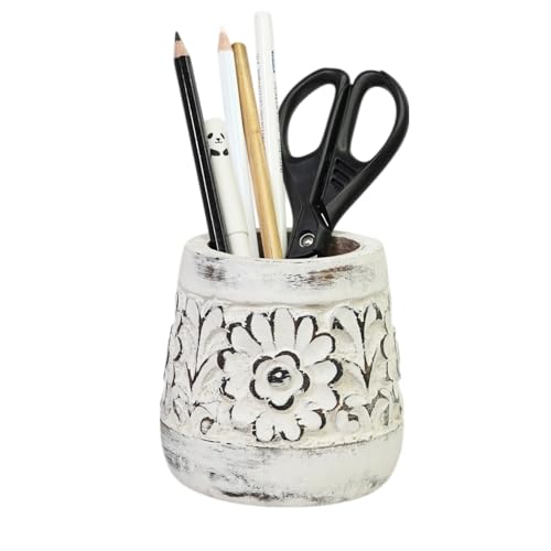 Mie Creations Farmhouse Pencil Holder Pen Stand for Desk Table | Rustic Wooden Pen Cup, Vintage Desk Accessories | School Office Desktop Stationery, Whitewash Wood Pen Holder- 4'' Distressed White