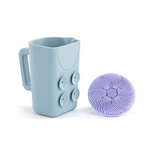 Image of DEMDACO Love to Play Collection Baby Bath Rinse Cup and Silicone Scalp Scrubber Set - Gentle Hair Washing Aid for Infants & Toddlers Soft Silicone Kids' Brush & Ergonomic Rinse Pitcher, Blue