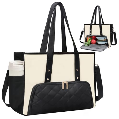 Laptop Tote Bag for Women, Work Bag with Insulated Lunch Compartment, 15.6 Inch Laptop Purse for Office,Teacher,College,Nurse,Travel, Black&White