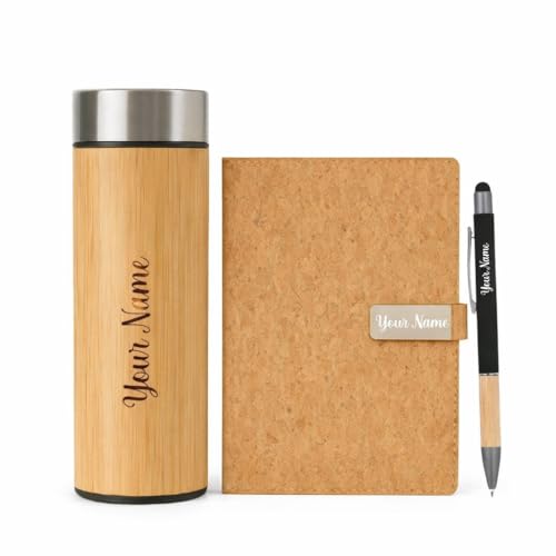 Image of Giftana 3 in 1 Personalized Diary, Pen & 500ml Bottle Gift Set (Beige)