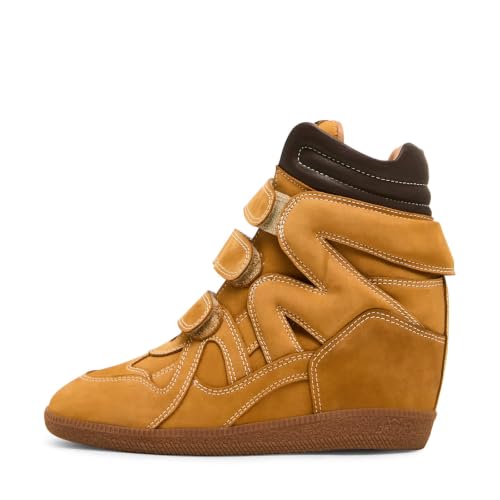 Image of Dsevht Hidden Wedge Sneakers for Women High Top Fashion Sneaker Suede High Heel Platform Tennis Triple Strappy Band Casual Vintage Dressy Comfy Campus Trendy Retro Sneaker