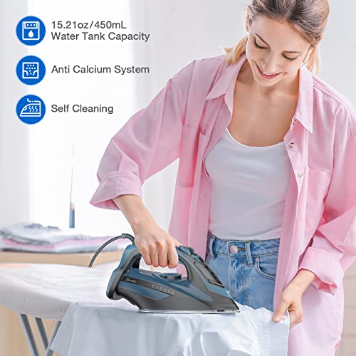 Image of Steam Iron for Clothes 12s Fast Heat-up, 1500W Iron with 13.21oz Water Tank, 3-Way Auto shutoff, Burst Steam, Spray Mist, Anti-Drip, Self-Cleaning, Vertical Ironing for Home