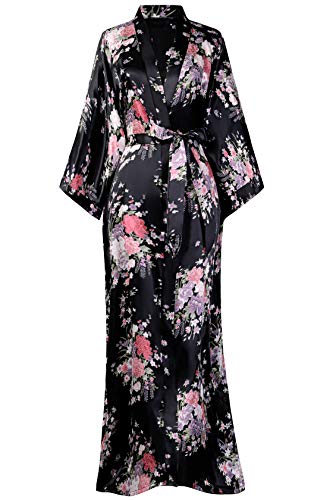 BABEYOND Womens Kimono Robe Long Floral Wedding Robes for Bridesmaids Kimono Nightgown Sleepwear Kimono Outfit 53  Long (Black)