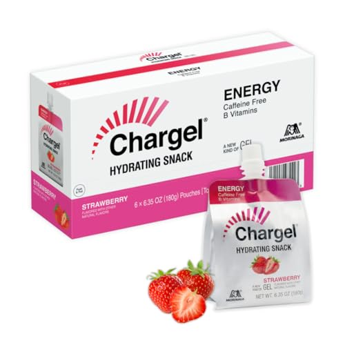 Chargel Strawberry, Caffeine-Free Instant Energy Gel Running, Biking, Workout, Hiking Essentials for Women & Men, Gifts for Runners - Carbs Vitamins, Gluten Free - Pack of 6 Gels - 6.35oz Each