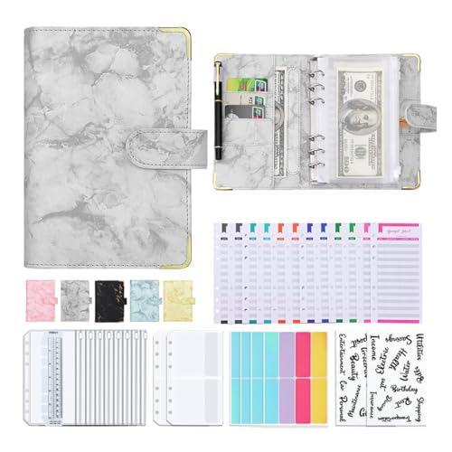 LiangYuanZen Binder Budget Notizbuch A6, 6 Löcher Budget mit Binder Taschen Budgetblätter, Etikettenaufklebern, Weiches Lineal Ringbuchordner,Geldplaner, Cash Stuffing. (black)