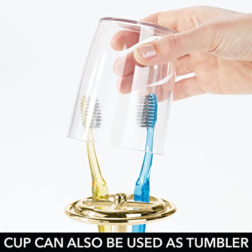 Mdesign Plastic Toothpaste And Toothbrush Holder Center With Cup/Cover - Organizer For Bathroom Vanity Countertop - Holds Paste, Floss, Accessories - Hyde Collection - Clear/Soft Brass #TOP3