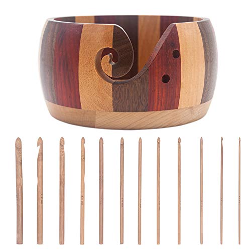 LAMXD Big Wooden Yarn Bowl Holder Rosewood with 12 pcs Bamboo Handle Crochet Hook,Wool Storage Handmade Crochet Kit Organizer,Skein Storage Bowl - Knitting & Crochet Yarn Storage Bowls & Accessories…