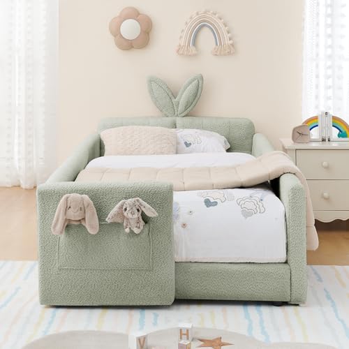 Image of KEIKI Twin Size Upholstered Platform Bed Frame with Guardrail, Slats, Cyan | Boucle Platform Bed with Cute Rabbit Ear Shaped Headboard, Pocket, for Boys and Girls, No Box Spring Required, Easy Assembly