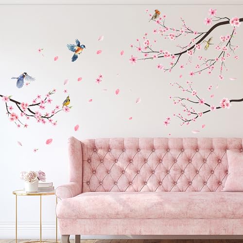 Removable Cherry Blossom Flowers Wall Decals Pink Flower Tree Branches Wall Stickers DIY Peel and Stick Hand Painted Peach Floral Birds Wall Decor for Kids Girls Bedroom Living Room Nursery Decoration