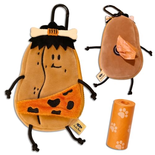 juju Pati Dog Poop Bag Holder for Leash with Waste Bags and Keychain Clip, Easy Refill, Unscented, Doggy Walking Accessory, 1 Caveman Dispenser and 15 Count Poop Bag