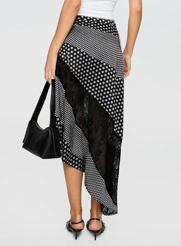 Women's Lace Long Skirts Mid Waist Solid Color Asymmetric Patchwork Midi Skirts Elegant Skirts4