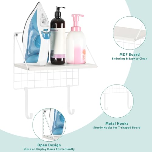 OYEAL Ironing Board Holder Wall Mount Ironing Board Hanger White Iron and Ironing Board Storage Organizer with Storage Shelf and Removable Metal Hooks for T-Leg Ironing Boards, White