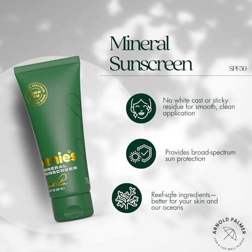 Image of Arnie's Mineral Sunscreen SPF 50 by Arnold Palmer - Lightweight Daily Face & Body Sunscreen for Sports & Outdoor Use - Non-Greasy Zinc Oxide with Organic Aloe, No White Cast, Tear-Free 3.0 Fl. Oz.