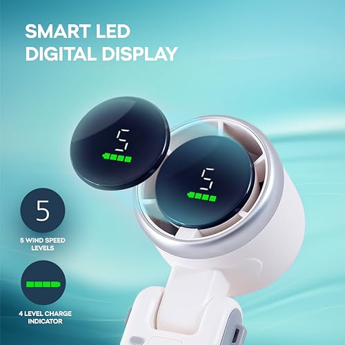 Image of Mr. Plus Rechargeable Handheld Fan, 2400mAh Battery Backup, 5 Speed Portable Mini Turbo Fan with LED Display, Type-C Fast Charging, 180 Adjustable Personal Fan for Travel, Home & Office