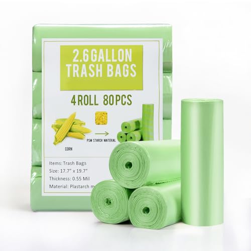 Jaoul Trash Bags 2.6 Gallon, Small Garbage Bags, Strong & Unscented Mini Trash Bags for Kitchen, Bathroom, Office, Restroom, Car, Green, 80 Counts