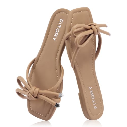 FITORY Women's Flat Sandals Square Open Toe Thong with Cute Knot for Summer Size 6-113