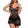 Yuson Girl Lingerie Sexy Femme Nuisette Hot en Dentelle Babydoll Coquin avec String Inclus Tenue Chemises de Nuit Transparente Col V sous Vetements Feminins(Noir, S)